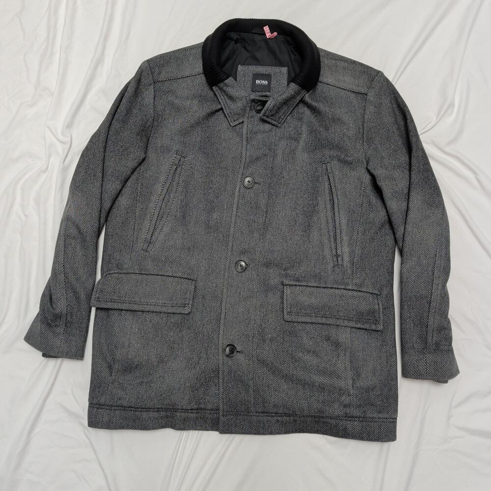 Hugo Boss Coxon Car Coat Men 42R Gray Wool Cashmere Blend Ribbed Collar